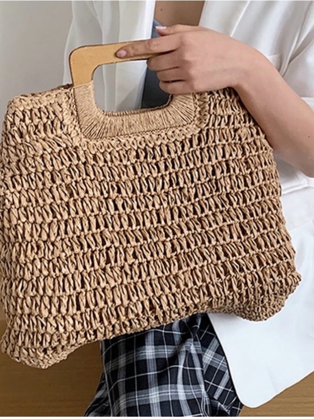 Handwoven Tan Straw Tote with Wooden Handles